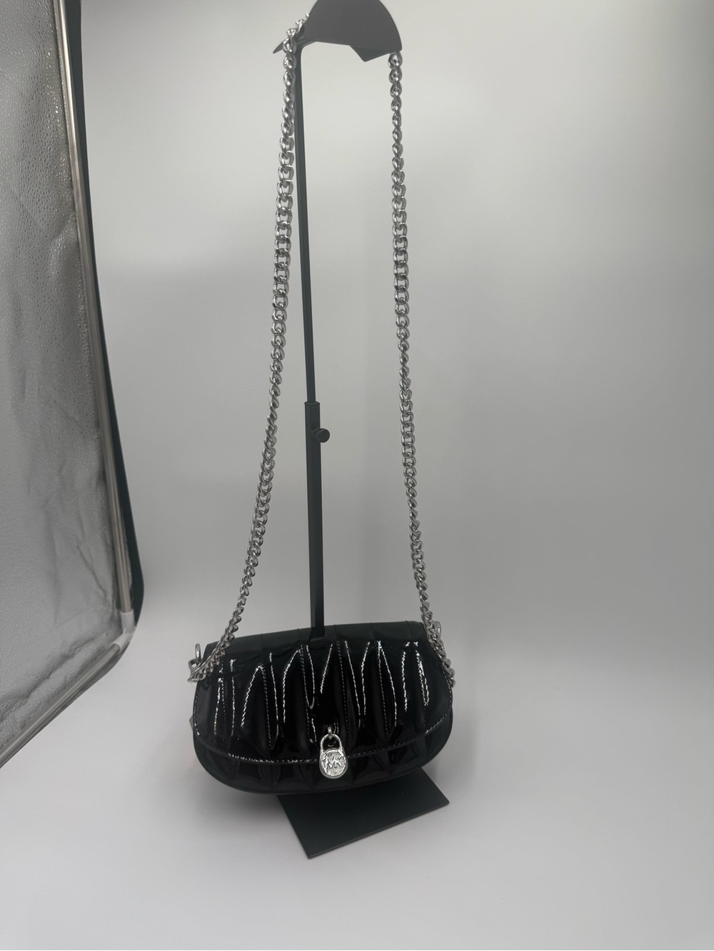 Michael Kors Black Patent Quilted Crossbody Bag with Silver Chain NWT - Picture 12 of 15
